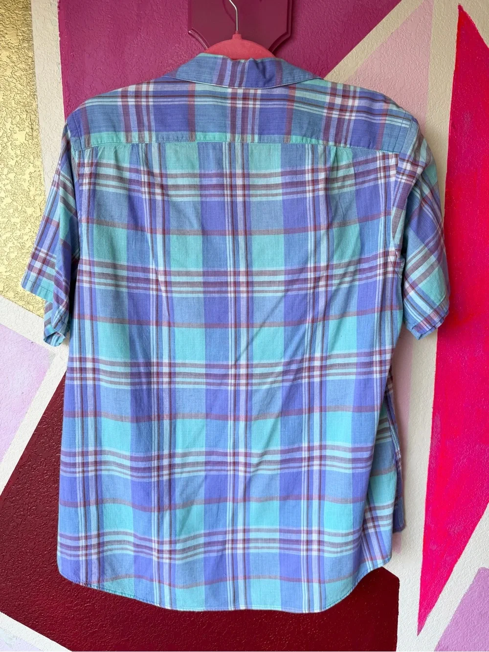 Vintage L.L. Bean Plaid Shirt Sz 18 Made in USA Purple Teal Short Sleeve